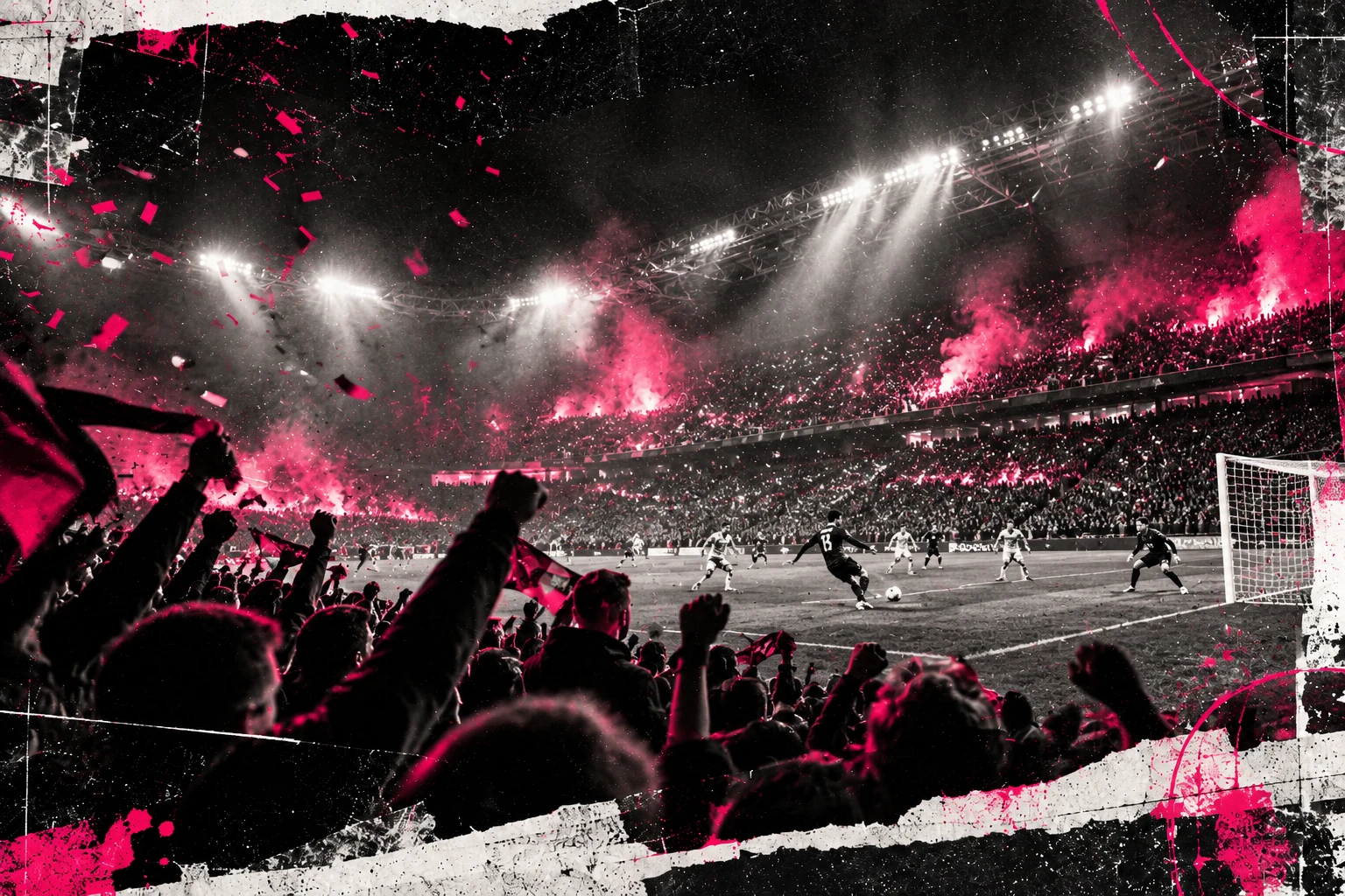 Pembe meşalelerle aydınlanan futbol stadyumu