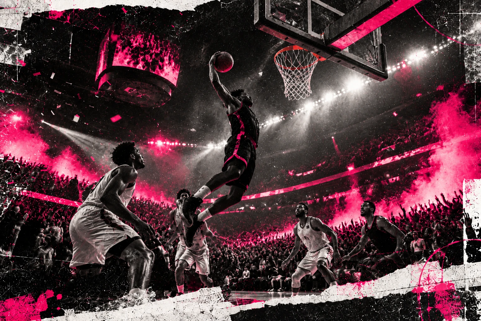 Pembe tribün ışıkları önünde potaya yükselen basketbolcu